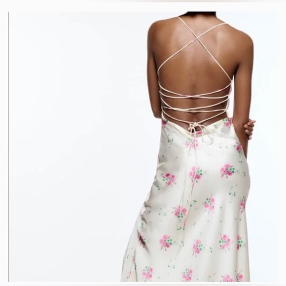 ZARA SATIN MIDI DRESS FLORAL PRINT STRAPPY WHITE ,Size S - Picture 4 of 5